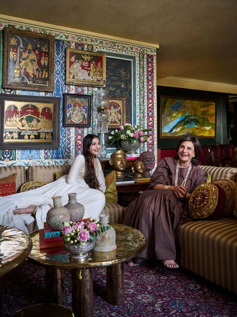 Sonam Kapoor: Tour the Bollywood Star’s Ornate Mumbai Home | Architectural Digest Indian Living Room, Jungle Mural, Rich Art, Indian Interiors, Tanjore Painting, Emily Henderson, Indian Homes, Art Deco Chandelier, Sonam Kapoor