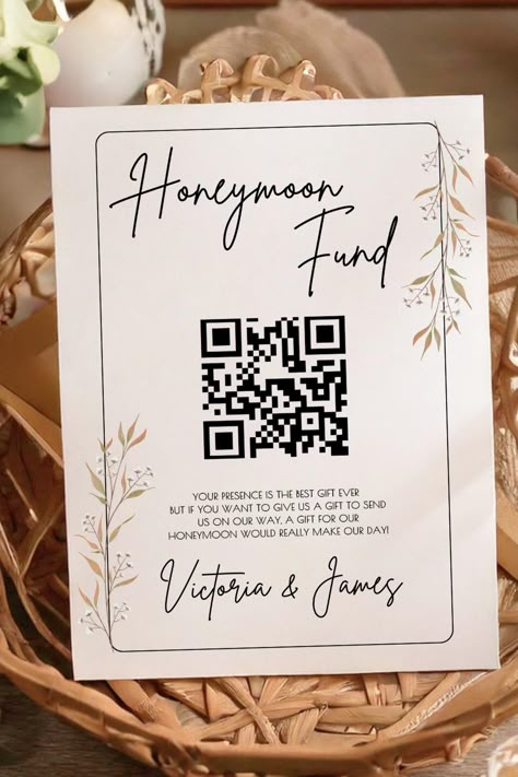 Looking for an elegant and modern way to display your Honeymoon Fund QR code? This floral honeymoon fund sign template is perfect for diy wedding brides who want a boho, modern and elegant look. Easily customize the design with your own text and colors.  Black and white wedding scheme  This minimalist honeymoon fund card is a perfect choice for a modern, elegant wedding.  Visit my Etsy shop for more wedding stationery to match this design. Wedding Fund Jar Ideas, Honey Moon Funds Ideas, Honeymoon Fund Box Ideas, Honeymoon Fund Ideas, Honeymoon Fund Sign, Wedding Games For Kids, Wedding Coloring Pages, Wedding Fund, Alpine Forest