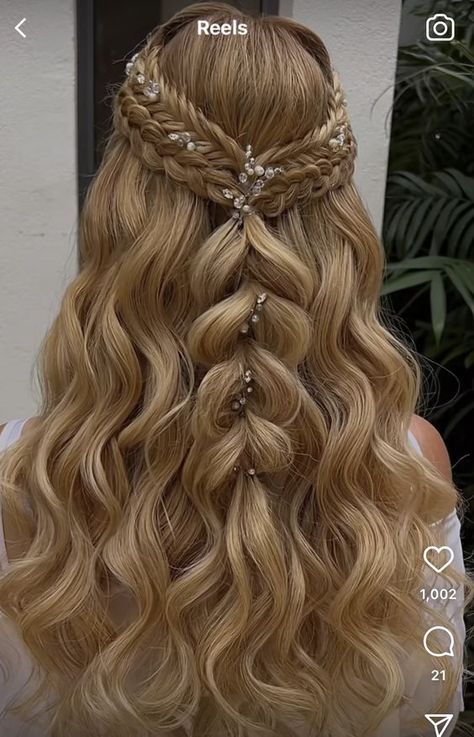 Half Up Braided Hairstyles Prom, Wedding Hairstyles Blonde Half Up, Hoco Hairstyles With Braids, Long Blonde Hair Prom Hairstyle Ideas, Half Up Half Down Hairstyle Ideas, Girly Hairstyles For Long Hair, Hair Fancy Styles, Half Up Hairstyles With Braids, Wedding Hairstyles For Long Hair Blonde