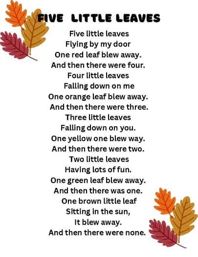 Five Little Leaves Song and Fingerplay by Brooke Whitcomb | TPT Leave Activities Preschool, Leaf Toddler Activities, Fall Songs For Preschool, Fall Leaves Activities Preschool, Leaves Activities For Preschoolers, Fall Lesson Plans For Preschool, Fall Ideas Activities, Leaf Lessons, All The Leaves Are Brown