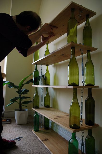 Tengreen Ferguson shelves | wine glass book shelf Wine Bottle Shelf, Glass Bottle Ideas, Empty Wine Bottles, Recycled Glass Bottles, Decor Ikea, Bottle Ideas, Wine Decor, Wine Bottle Diy, Glass Bottle Crafts