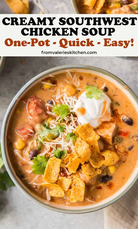 Crockpot Southwest Chicken Soup, Southwest Chicken Soup Crockpot, Southwest Soup Recipe, Creamy Southwest Chicken, Southwest Soup, Southwestern Soup, Southwestern Chicken Soup, Southwest Chicken Soup, Creamy Chicken Tortilla Soup