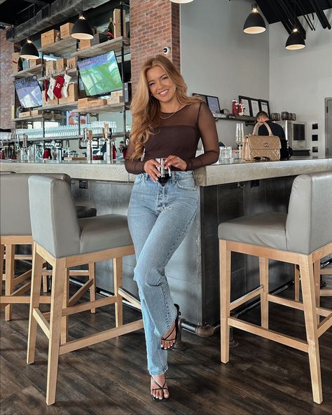 Arizona Dinner Outfit, Bar Going Out Night Out Outfit, Mesh Bodysuit Outfit Jeans, Long Sleeve Body Suit Outfits Jeans, Mesh Top And Jeans Outfit, Brown Sheer Top Outfit, Semi Formal Evening Outfits For Women, Black Sheer Bodysuit Outfit, Mesh Long Sleeve Outfit