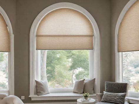 Custom Shade Designs for Arch Windows - Naka's Drapery LLC Curtain On Arched Window, Curved Window Ideas, Curtains For Half Moon Windows, Curtains For Rounded Top Windows, Arch Window With Curtains, Round Windows Curtains, Half Moon Window Treatments, Oval Window Covering Ideas, Window Coverings For Arched Windows