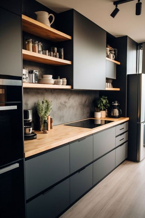 Kitchen Black And Wood Modern, Modern Kitchen Design Trends, Серая Кухня, Desain Pantry, Kitchen Design Plans, Kitchen Design Trends, Modern Kitchen Cabinets, Kitchen Room Design, Kitchen Inspiration Design