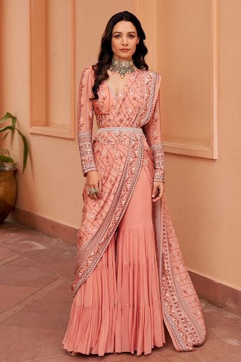 Shop for these amazing collections of Pink Crepe Printed Floral Stripe Blunt V Pre-draped Saree With Blouse For Women by Chhavvi Aggarwal online at Aza Fashions. Sharara Saree Fashion Styles, Latest Ethnic Dresses Indian 2024, Sharara Kurti Designs Latest, Latest Wedding Outfits For Women, Latest Sharara Designs Party Wear, Sharara With Blouse, Sharara Designs Party Wear, Fusion Wear Indian, Palazzo Saree