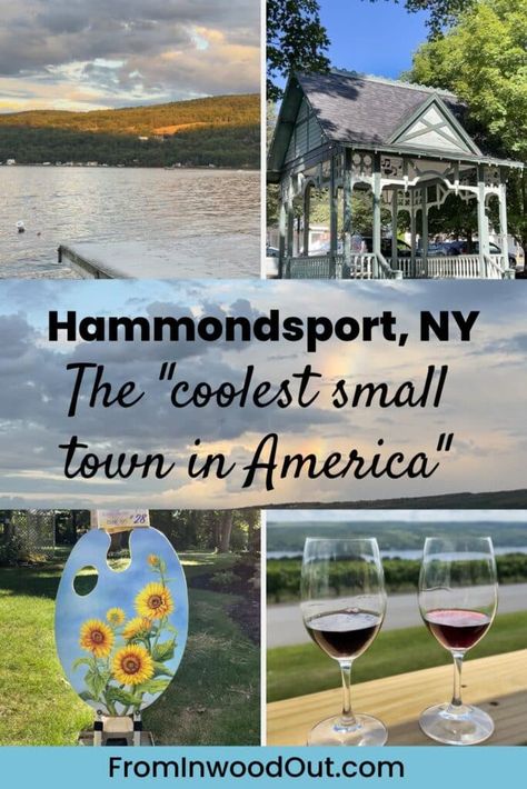 Four images of Hammondsport, NY: a dock over Keuka Lake, a bandstand in the Village Square, a palette painted with sunflowers, and two glasses of red wine on a railing overlooking Keuka Lake. Hammondsport New York, Keuka Lake Ny, Hammondsport Ny, Finger Lakes Ny, Seneca Falls, Keuka Lake, New York Vacation, Travel Wishes, Go Swimming