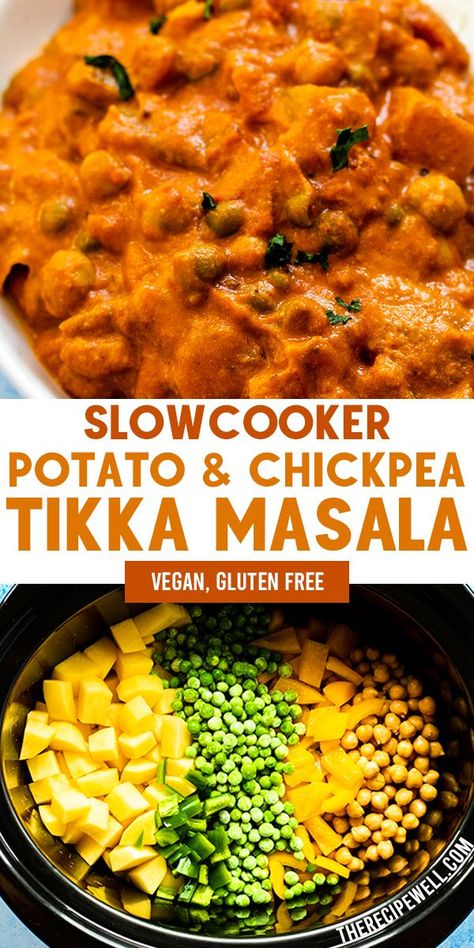 Potato and Chickpea Tikka Masala is the perfect vegan comfort food. Potato, chickpeas, green peas and bell peppers slow cook in a tomato-based sauce along with a warming spice mix. Blended cashews give the sauce a creamy texture. FOLLOW The Recipe Well for more great recipes!  #healthy #crockpot #vegan #vegetarian #glutenfree Fall Dinner Recipes Crockpot Vegetarian, Healthy Veggie Crockpot Recipes, Vegan Caribbean Food Recipes, Vegan Crockpot Recipes Dinners, Crockpot Plant Based Recipes, Crockpot Meatless Recipes, Slow Cooker Chickpeas, Whole Food Plant Based Crockpot Recipes, Chickpea Crockpot Recipes