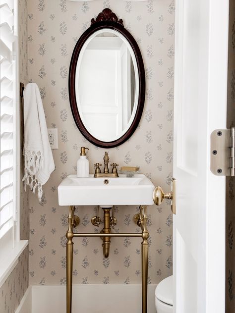 Powder Room with Console Sink | The Coastal Oak Powder Bath With Pedestal Sink, Pedestal Sink With Storage, Diy Console Sink, Antique Half Bath, Update Pedestal Sink, Pedestal Sink Mirror, Pedestal Sink Backsplash Ideas, Pedestal Sink Backsplash, Powder Room Sinks