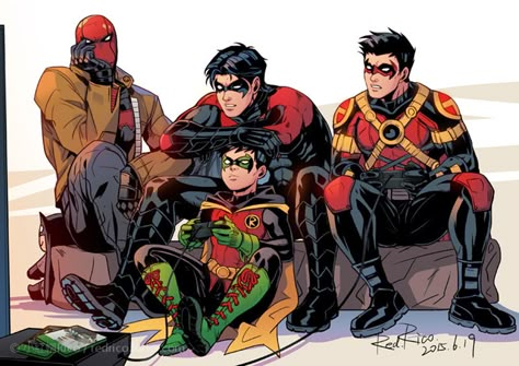 Batboys - Nightwing, Red Hood, Red Robin, and Robin Nightwing Red Hood, Batman Nightwing, Robin Tattoo, Robin Dc, Bat Boys, Univers Dc, Red Robin, Tim Drake, Bd Comics