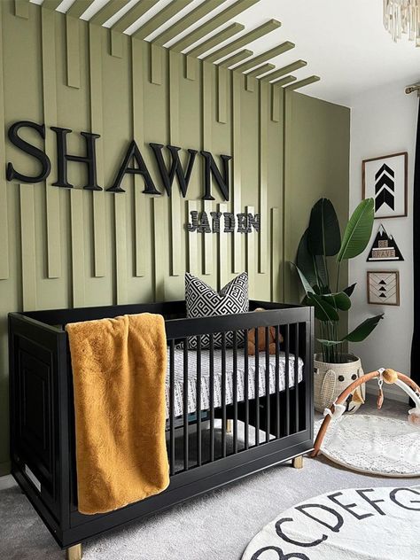 Nurseries with a bold splash of color Black Crib Nursery, Dark Nursery, Black Crib, Baby Room Closet, Black Nursery, Dark Galaxy, Baby Room Colors, Baby Boy Room Decor, Boy Room Decor