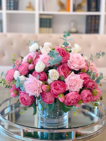 Real Touch Roses Faux Flower Arrangements Peony Centerpiece, Country Dining Table, Peony Flower Arrangements, French Country Dining Table, Peonies Centerpiece, Pink Flower Arrangements, Tattoo Plant, Peony Arrangement, Large Floral Arrangements