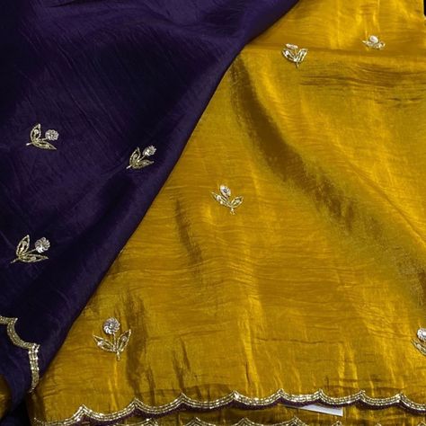 Fabric: Luxurious pure muslin crush, adorned with exquisite handwork throughout the saree, complemented by delicate scallop handwork border. Blouse: Contrast blouse featuring intricate handwork detailing. New Colour Combinations, Purple Contrast Color Combinations Dress, Colour Contrast, Best Colour Combinations, Color Contrast Combination, Contrast Colour Combination, Colour Combinations, Digital Fashion Design, Netted Blouse Designs