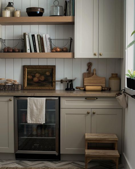 Green cabinets, pantry farmhouse rustic cabinets open shelves butcher block Butcher Block Counter Pantry, Kitchen Open Pantry Shelving, Butlers Pantry Fridge, Butler Pantry Open Shelving, Open Shelves In Pantry, Butlers Pantry Butcher Block, Pantry Shelf Styling, Butchers Pantry Ideas, Beverage Fridge In Pantry