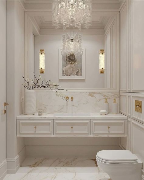 Classic Design Bathroom, Classic Moodboard Interior Design, Parisian Interior Bathroom, Bathroom New Classic, Small Classic Bathroom, Classic Guest Bathroom, Classic Vanity Design, Neo Classical Bathroom, Bathroom Classic Design