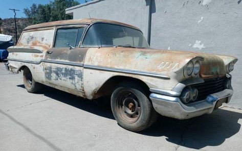 It looks like a 2-door station wagon but this 1958 Chevrolet is actually a sedan delivery, a body style intended for delivery service. Hot-rod anyone? #Chevrolet, #SedanDelivery Chevrolet Sedan, 1956 Chevy, Sedan Delivery, Barn Garage, Station Wagons, Long Gone, Car Club, Barn Finds, Special Delivery