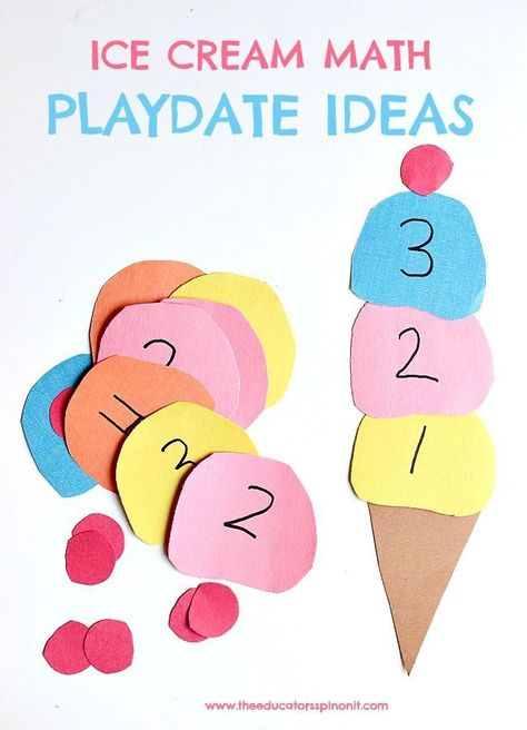 Fun and easy ice cream math playdate ideas for preschool, preK, and kindergarten using supplies you already have in your home or classroom.  Counting to 10, recognizing numbers, numerical order.  Great for homeschool, math center. Summer learning. Ice cream crafts Ice Cream Math, Playdate Ideas, Recognizing Numbers, Ice Cream Crafts, Prek Crafts, Summer Math, Math Crafts, Teaching Numbers, Easy Ice Cream