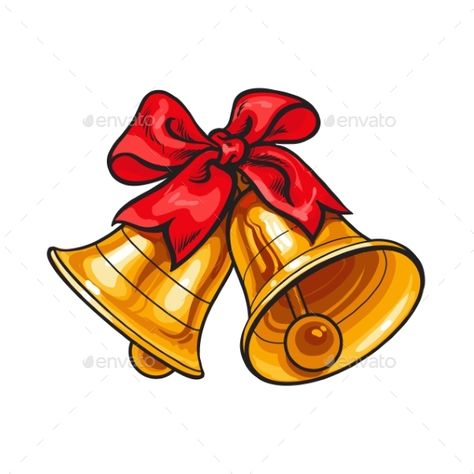 Golden Christmas bells with a red bow, cartoon vector illustration isolated on white background. Traditional pair of Xmas bells wi Bells Drawing, Christmas Bells Drawing, Bell Drawing, Christmas Decorations Drawings, Red Ribbon Christmas, Bow Cartoon, Red Bow Christmas, Background Traditional, Santa Cartoon