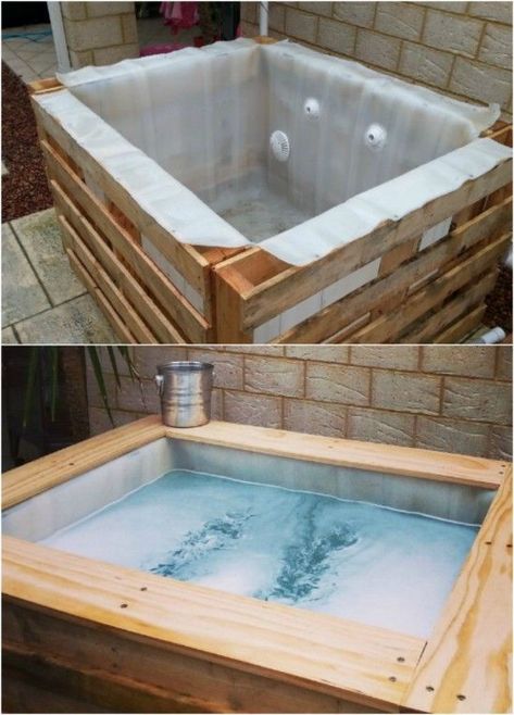 DIY Upcycled Pallet Hot Tub..complete instructions to make your own hot tub from wood pallets included! #diy #hottub #woodpallets #projects Inexpensive Hot Tubs, Outdoor Hot Tub, Diy Hot Tub, Outdoor Kitchen Countertops, Tub Ideas, Diy Pool, Hot Tubs, Pallet Ideas, Pool Ideas