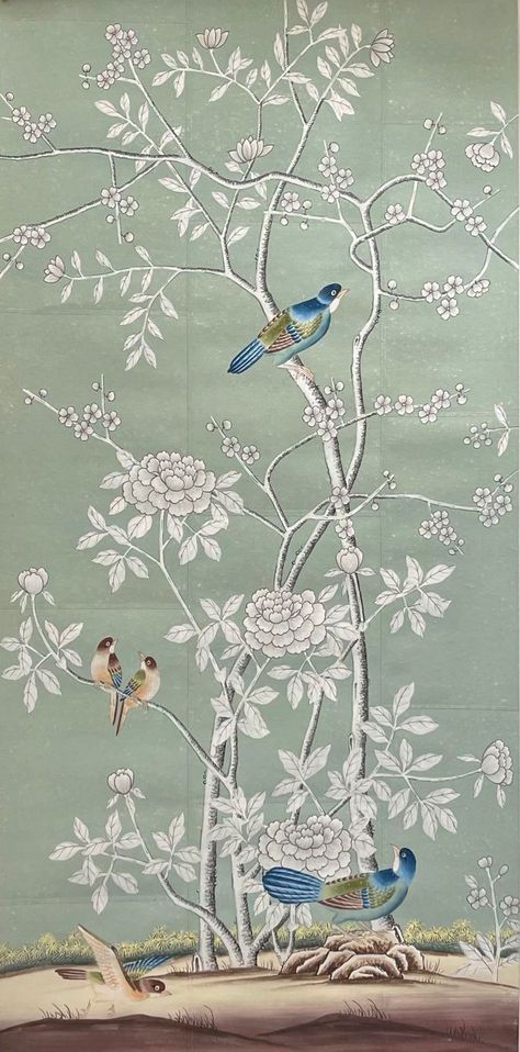 Chinoiserie Hand Painted Floral Mural Wallpaper on Blue Tea Paper Painted Floral Mural, Green Chinoiserie Wallpaper, Chinoiserie Nursery, Floral Mural Wallpaper, Chinoiserie Wallpaper Panels, Tea Paper, Chinoiserie Prints, Chinoiserie Panels, De Gournay Wallpaper