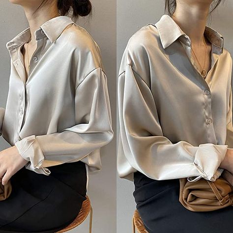 Long Sleeve Loose Blouse, Chique Outfit, Long Sleeve Sweaters, Satin Bluse, Tops Long Sleeve, Vintage Blouse, Tops Fashion, Collars For Women, Loose Shirts