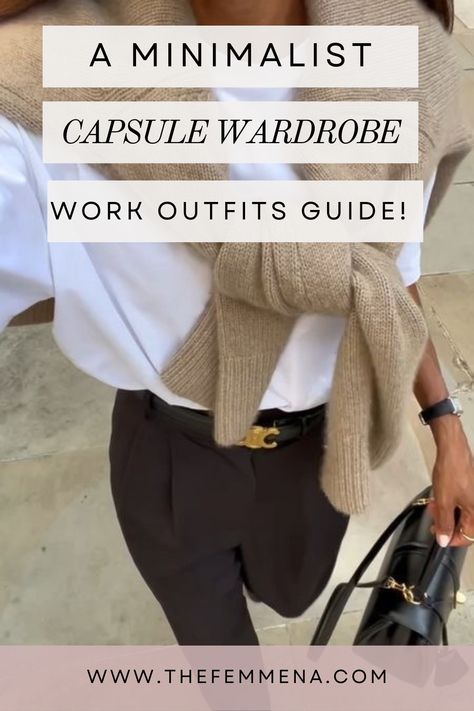 We've curated the best minimalist work outfits guides that will simplify the easiest way for you to pair back your current wardrobe while incorporating newer timeless pieces that are made of high-quality fabrics and versatility during transitional seasons. Click the link for inspo or to shop our top recommendations at all price points! Business Professional Outfits Capsule Wardrobe, Business Formal Capsule Wardrobe, Minimalist Office Attire, Simple Polished Outfits, Classic Business Casual Outfits, Basic Work Wardrobe Essentials, Neutral Capsule Wardrobe Minimal Chic, Minimal Office Outfit, Minimalist Classic Wardrobe