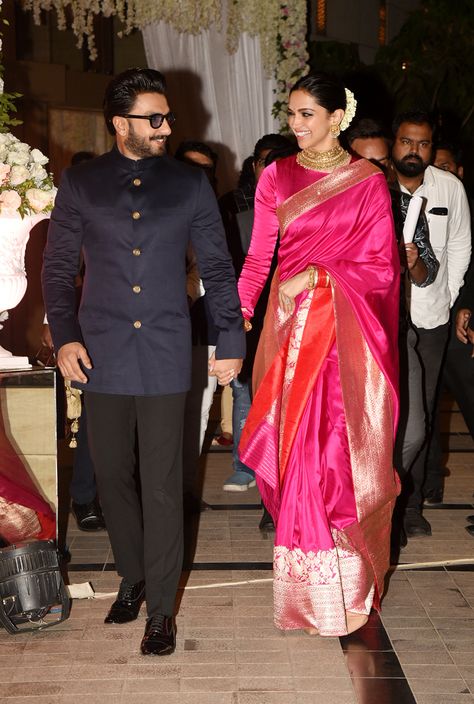 deepika sarees 2019 Banarsi Saree With Full Sleeve Blouse, Deepika In Pink Saree, Deepika Padukone Pink Saree, Diwali Makeup, Deepika Padukone Saree, Rekha Saree, Saree Outfits, Saree Looks, Bridal Clothing