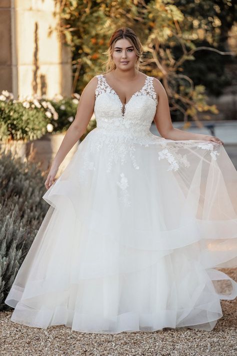 This gorgeous ballgown features an appliqued illusion bodice and tiered ruffles along the skirt | wedding inspo, wedding dress inspo, wedding gown ideas, spring wedding dress, summer wedding dress, ballgown, ballgown styles, tulle ballgown, lace ballgown, beaded ballgown,princess wedding dress,glam wedding dress,beaded wedding dress,glittery wedding dress,luxury ballgown,spring wedding,summer wedding,fairytale wedding dress, gorgeous wedding dress, curvy bride #springwedding #straplesballgown Allure Romance, Backless Bridal Gowns, Plus Size Wedding Dresses, Sophia Tolli, Allure Bridals, Bodo, Allure Bridal, Dress Order, Dress Inspo