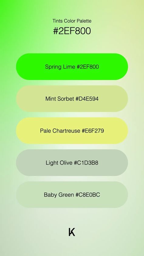 Tints Color Palette Spring Lime #2EF800 · Mint Sorbet #D4E594 · Pale Chartreuse #E6F279 · Light Olive #C1D3B8 · Baby Green #C8E0BC Pale Chartreuse, Color Palette Spring, Mint Sorbet, Palette Spring, Hex Color Palette, Baby Green, Green Spring, Lime Zest, Hex Colors