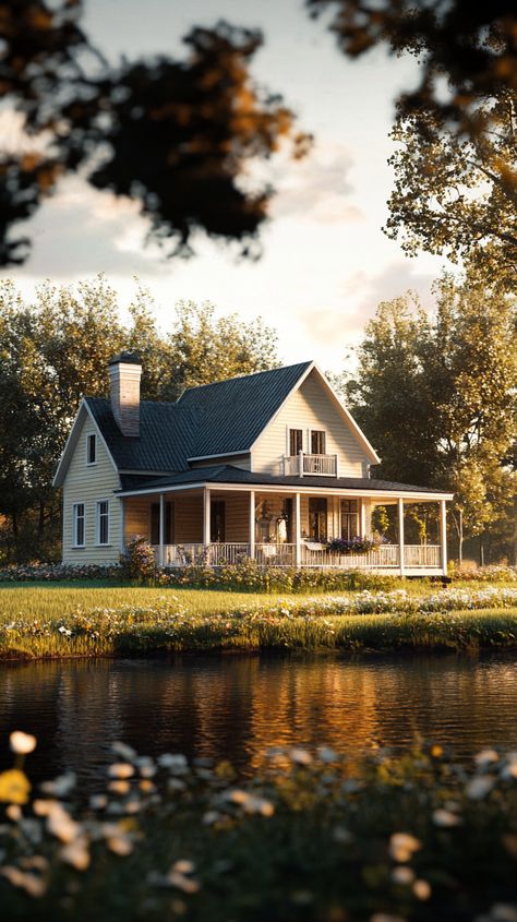 Charming Cottage by River with Wrap Around Porch Dream Farmhouse Exterior Wrap Around Porch, House With Wrap Around Porch Aesthetic, Farmhouse Wrap Around Porch, Dark Farmhouse Exterior Wrap Around Porch, Small Cottage Wrap Around Porch, Brown House With Wrap Around Porch, Farmhouse With Wrap Around Porch, House With Wrap Around Porch, Riverside Cottage