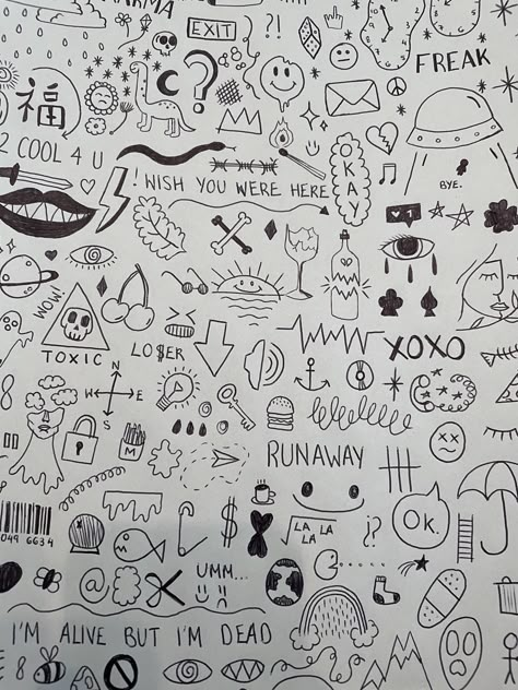 Cute Things To Doodle On Your Hand, Dark Doodles Simple, Doodle Pages Sketchbooks, Drawing On Hand Doodles, Doodle Page Ideas, Doodles To Draw On Your Hand, Notebook Drawings Doodles, Sketch Notes Doodles, Minimal Tattoo Designs