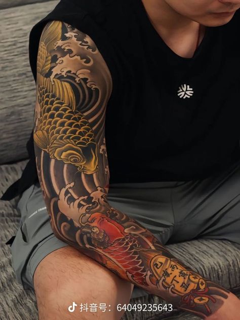 Irezumi Arm Tattoo, Japanese Colour Tattoo, Wind Bars Tattoo, Irezumi Tattoos Sleeve, Japan Arm Tattoo, Japanese Neo Traditional Tattoo, Koi Japanese Tattoo, Japan Tattoo Traditional, Japanese Half Sleeve Tattoo