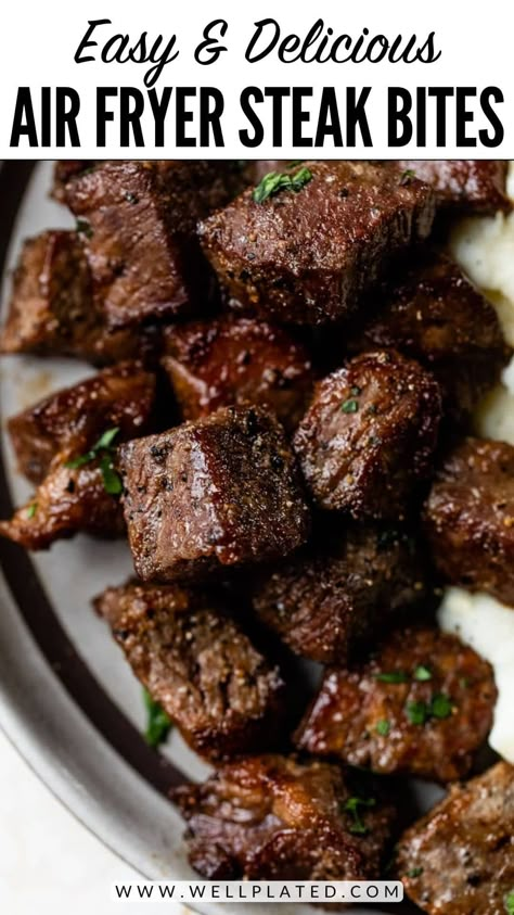 Air Fryer Steak Bites – WellPlated.com Air Fry Steak Bites Recipes, Airfryer Garlic Butter Steak Bites, Airfry Steak Bites Recipe, Ribeye Steak Bites In Air Fryer, Air Fried Steak Tips, Airfryer Steak Bites Recipes, Healthy Air Fryer Steak Bites, Healthy Garlic Steak Bites, Air Fry Steak Bites And Potatoes