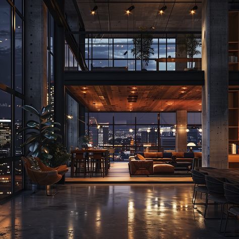 city lights, urban nights ✨🌃 - Urban Contemporary Style Loft in the heart of NYC. Tag someone to enjoy cocktails with a view 🍸 - #cityscapesnyc #rooftopbars #urbanloft #luxurypenthouse #nycpenthouse #penthousesuite #cityaesthetic #aiarchitecture #luxuryarchitecture #loftapartment Apartment With View, Nyc Loft Aesthetic, New York Loft Apartment, Soho Loft Nyc, New York Penthouse Aesthetic, New York City Loft Aesthetic, Manhattan Loft Apartment, Nyc Loft Apartment, Rich Apartment