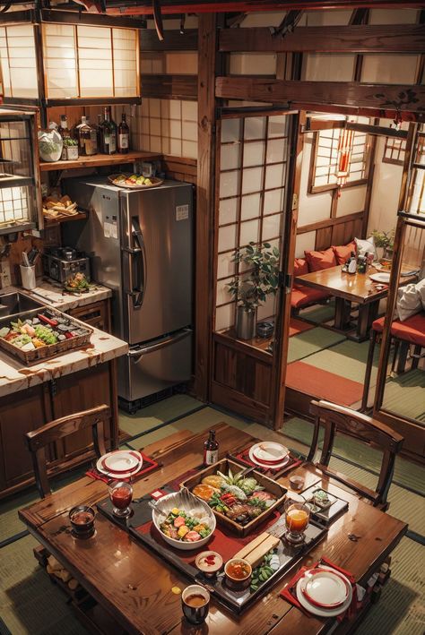 Korean Floor Dining Table, Japanese Townhouse Interior, Japanese Cottagecore House, Sims 4 Japanese Kitchen, Japanese House Kitchen, Living In Japan Life, Japan Apartment Interior, Japanese Interior Design Traditional, Traditional Japanese House Exterior