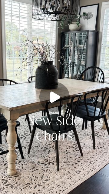 Sherri Middleton on Instagram: "🖤SALE ALERT!! Love my new side chairs and the lighter feeling my dining room now has.  🖤Comment SHOP for links sent to your DM. Make sure you are following me or IG will block the link.  These new side chairs are exactly what I was looking for. I love the curved back and spindles. They’re super comfortable and complement the Windsor chairs I already had. My dining room looks and feels bigger and airier.   You can also shop by taking a screen shot of this link⬇️ saving to photos and then tapping on the link. https://liketk.it/4FaYl  All items are in my LTK shop.  Side chairs Windsor chairs Dining room Dining table Dining room rug Modern organic vintage Chic living Neutral home Neutral decor Neutral furniture  Affordable home decor Spring decor Home trends C Dining Room With Black Chairs, Dining Room Rug Modern, Table With Black Chairs, Modern Farmhouse Living Room Decor, Christmas Dining Table Decor, Moody Vibes, Home Neutral, Windsor Chairs, Black Chairs