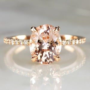 AUGUSTA 14K rose gold engagement ring with Morganite | Etsy Colored Oval Engagement Ring, Cucumber Tea, Morganite Engagement Ring Oval, Pink Diamond Engagement Ring, Rose Gold Morganite Ring, Sandwiches Recipes, Pave Diamond Band, Peach Morganite, Engagement Ring Diamond