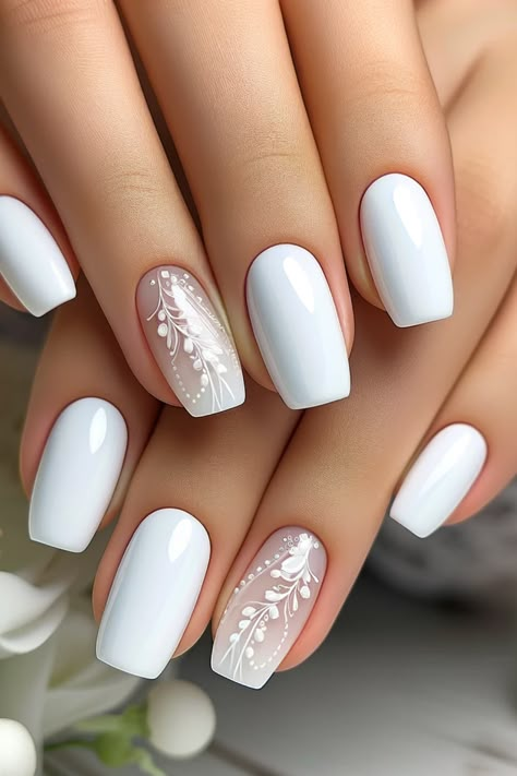 43 Wedding Nails That'll Have You Saying "I Do" Bride Nails With Initials, Wedding Nails Tropical, Nails To Go With A White Dress, Pre Wedding Nails, Bride Nail Designs, Classy Engagement Nails, Classic Wedding Nails, Elegant White Nails, White Fall Nails