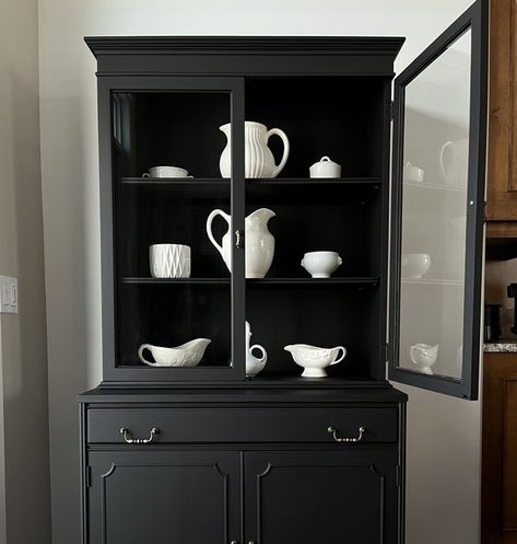 Classic Black Antique China Cabinet Black And White China Cabinet, Black China Cabinet Makeover, Black China Cabinet, White China Cabinets, Antique China Cabinet, China Cabinet Makeover, Antique China Cabinets, Painted Buffet, Stripping Paint