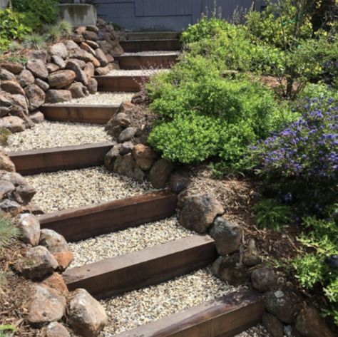 Slope Walkway Ideas, Yard With Hill Landscaping, Railroad Tie Steps On Slope, Landscaping Steps On A Slope, Landscape Stairs Sloped Yard, Paver Steps On Slope, Backyard Hill Landscaping, Sloped Backyard Landscaping, Landscape Stairs