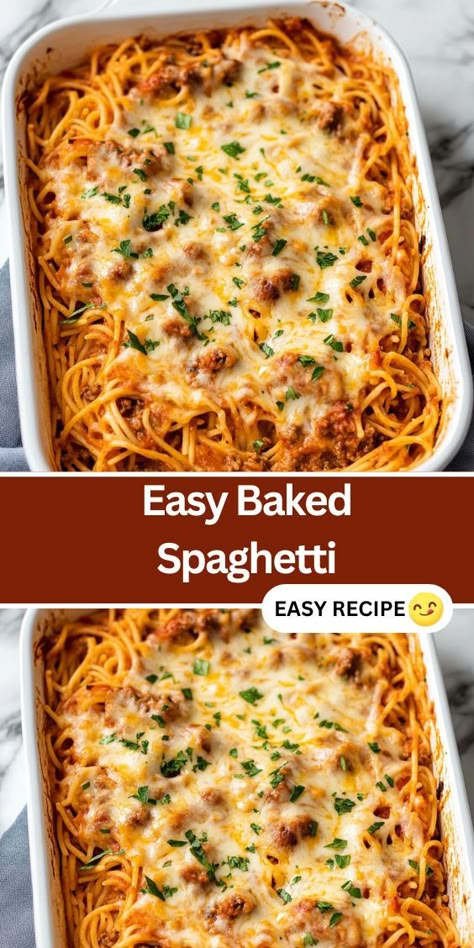 Discover the ultimate comfort food with this Easy Baked Spaghetti recipe. Perfect for busy weeknights, this dish features layers of tender pasta, savory ground beef, and a rich marinara sauce, all topped with a blend Spaghetti Parmesan Baked, Recipes For Baked Spaghetti, Taste Of Home Baked Spaghetti, Dump Spaghetti Recipe, Spaghetti Bake With Alfredo And Marinara, How To Make Baked Spaghetti, Spaghetti Casserole Recipe Easy, Mozzarella Baked Spaghetti, Spaghetti Oven Bake