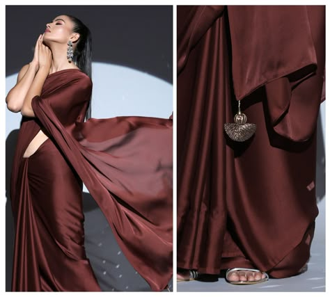 Exotic Chocolate Satin Silk Saree for Women in the USA for Indian Wedding | Dark Brown Modern women Sari | Sabyasachi Inspired Silk Sari USA by VaraVastram on Etsy Saree In Dark Color, Brown Saree For Farewell, Unique Saree Colours, Chocolate Brown Saree, Chocolate Colour Saree, Dark Colour Saree, Dark Color Saree, Brown Satin Saree, Coffee Brown Saree