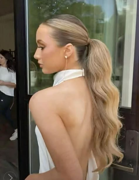 Slick Back Updo Prom, Curled Slicked Back Ponytail, Slick Back Prom Ponytail, Slick Back Curled Ponytail Prom, Curled High Ponytail Hairstyles Prom, Bridal Slicked Back Hair, High Neck Line Dress Hairstyles, Slick Ponytail With Curls, Slick Ponytail Prom