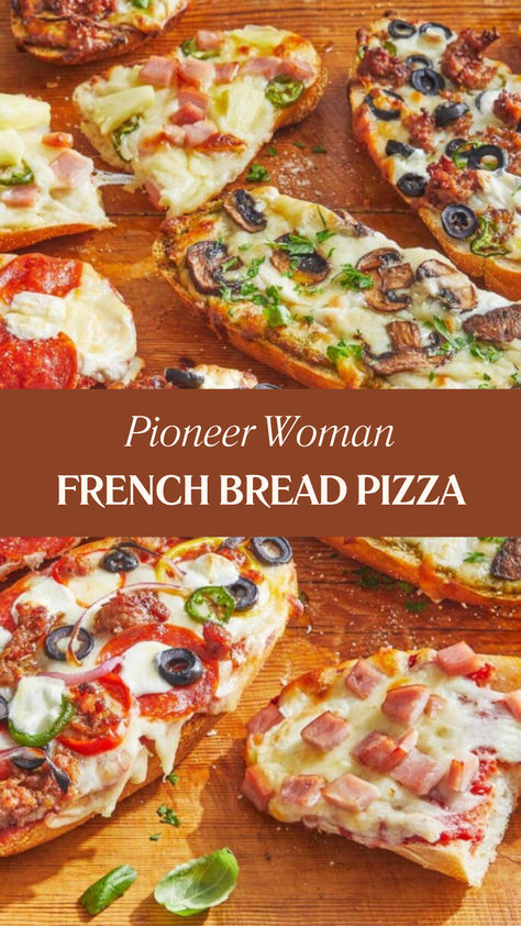 Pioneer Woman French Bread Pizza Pizza Made With French Bread, French Bread Pizzas Easy, Pioneer Woman Pizza Pockets, Veggie French Bread Pizza, Pulled Pork French Bread, Best French Bread Pizza, Pizza French Bread Recipes, Pizza On French Bread Recipe, Recipes With French Bread Loaf