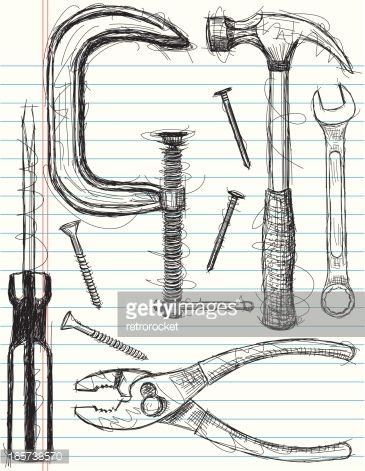 Vector Art : construction tool sketches Hammer Drawing, Minimalist Poster Design, Tool Tattoo, Perspective Sketch, Collage Art Projects, Sketch Books, Object Drawing, Industrial Design Sketch, Construction Tools