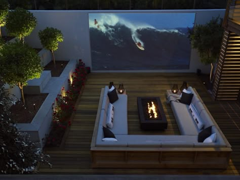 12 Inspiring Outdoor Fire Pits for Breezy and Cozy Evenings | The Study Outside Fire Pits, Outdoor Fire Pit Designs, Rooftop Terrace Design, Outdoor Cinema, Outdoor Theater, Terrace Design, Roof Garden, Patio Heater, Home Cinemas