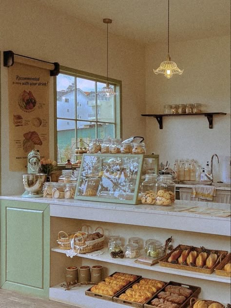 Pretty Bakery Interior, Bake Shop Aesthetic, Country Bakery Aesthetic, Bakery Business Aesthetic, Small Town Cafe Aesthetic, Baker Astethic, Owning A Restaurant Aesthetic, Vintage Bakery Interior, Cozy Bakery Interiors