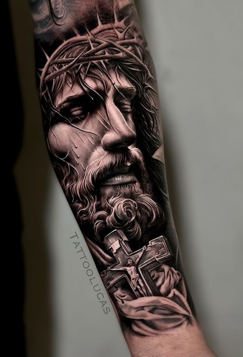 Guys Arm Tattoos Sleeve, Arm Tattoo Black Man, God Forearm Tattoo Men, Christian Tattoo Sleeve Ideas For Men, God Sleeve Tattoos For Men, Jesus Sacred Heart Tattoo, Half Arm Sleeve Tattoos Men, God Arm Tattoo, Jesus Tattoo Men