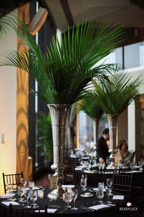 Tall Leafy Centerpieces // gold trumpet vases, tropical green leaves, summer wedding, glamorous, luxe, patone, greenery Branch Centerpieces, Table Flower Arrangements, Tall Vase, Boston Wedding, Salou, Wedding Boston, Deco Floral, Art Deco Wedding, Tall Vases