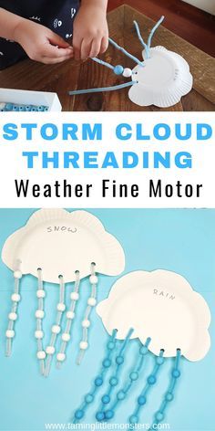 Storm Cloud Threading, Threading Ideas For Preschool, Cloud Fine Motor Activities, Cloud Projects For Preschoolers, Weather Craft Kindergarten, Threading Preschool Activities, Cloud Kindergarten Activities, Weather Fine Motor Activities For Toddlers, Cloud Crafts For Preschoolers